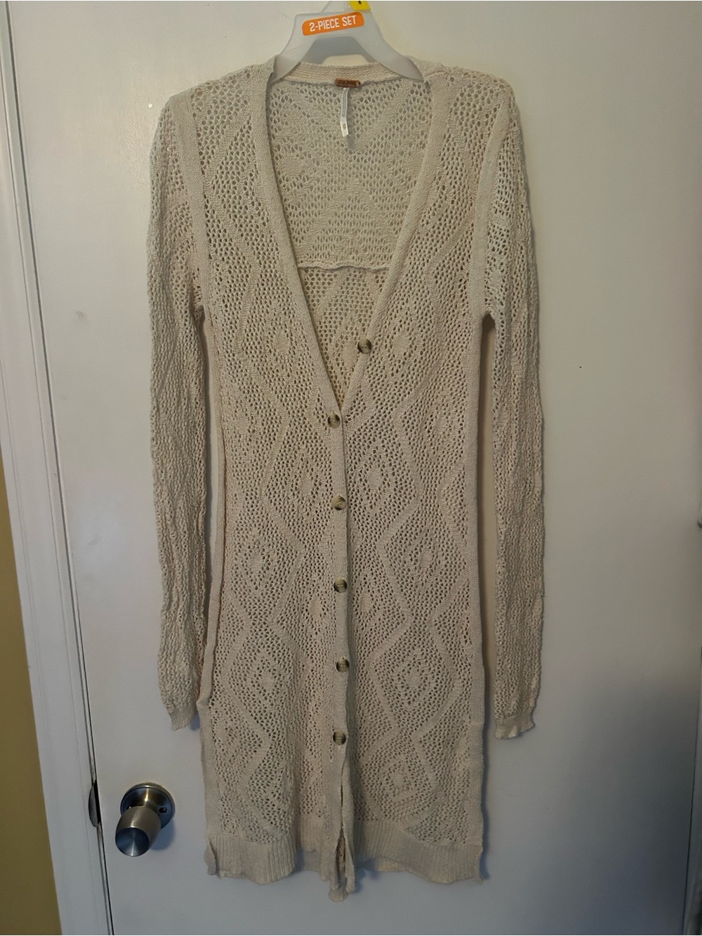 Free People Long Open-Knit Button Front Cardigan in Cream